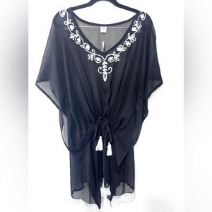 NWT Cruise Club Black Sheer Cover-Up with White Embroidery, Tassles, Fringe